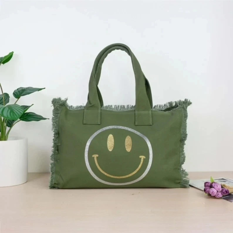 Ladies Custom Size Large Capacity Handbag Green Tassel Edge Canvas Tote Bag