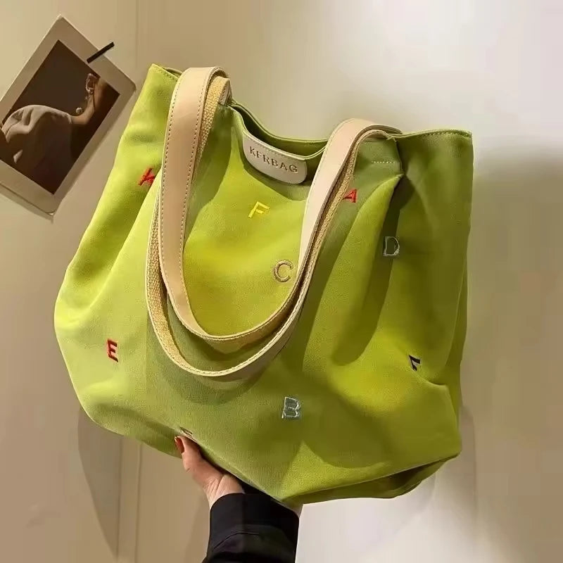 Large Capacity Canvas Bag Women Spring Trendy Zipper Embroidered Letter Fresh Style Student Single-shoulder Tote Bag