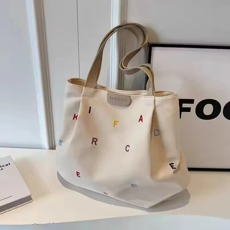 Large Capacity Canvas Bag Women Spring Trendy Zipper Embroidered Letter Fresh Style Student Single-shoulder Tote Bag