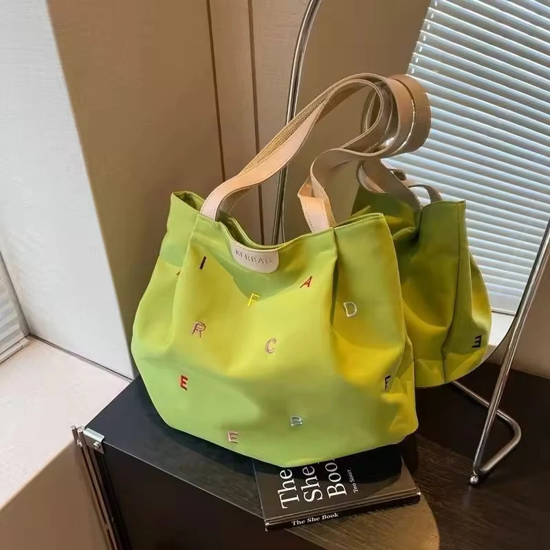 Large Capacity Canvas Bag Women Spring Trendy Zipper Embroidered Letter Fresh Style Student Single-shoulder Tote Bag