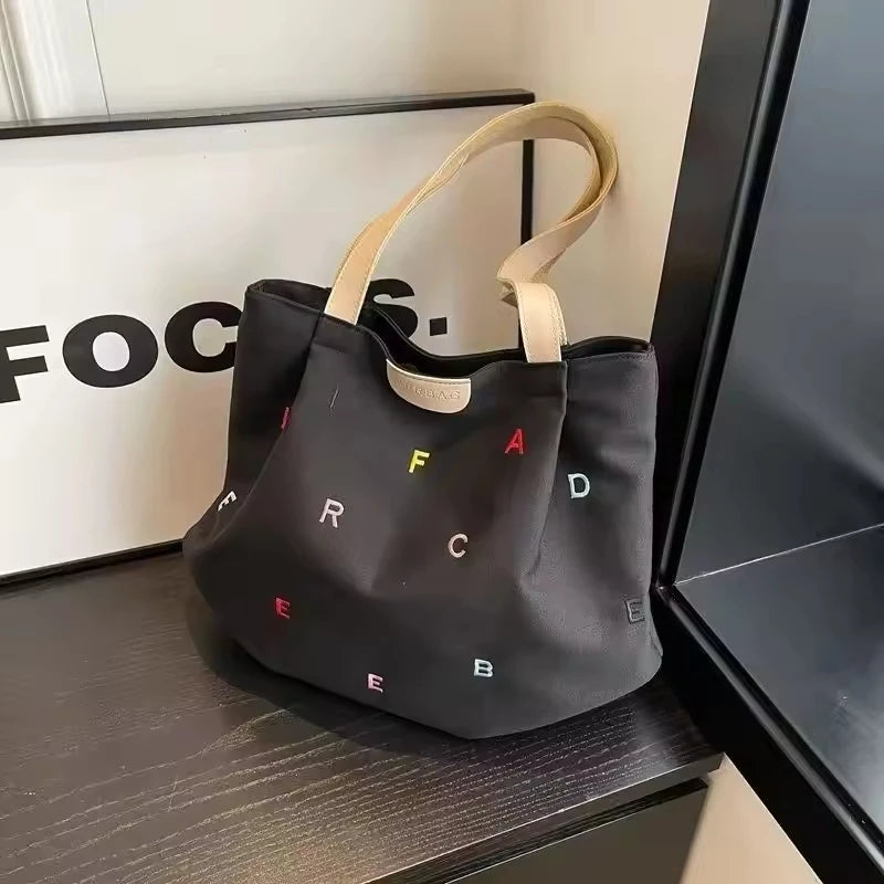 Large Capacity Canvas Bag Women Spring Trendy Zipper Embroidered Letter Fresh Style Student Single-shoulder Tote Bag