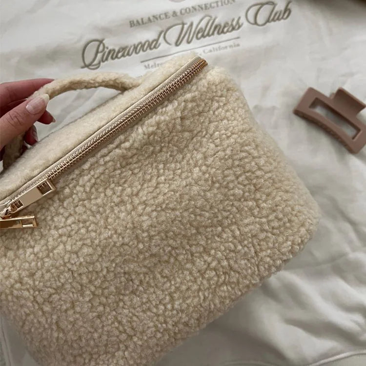 Large Capacity Custom Logo Beige Teddy Pouch Set Cosmetic Bag for Woman With Handle