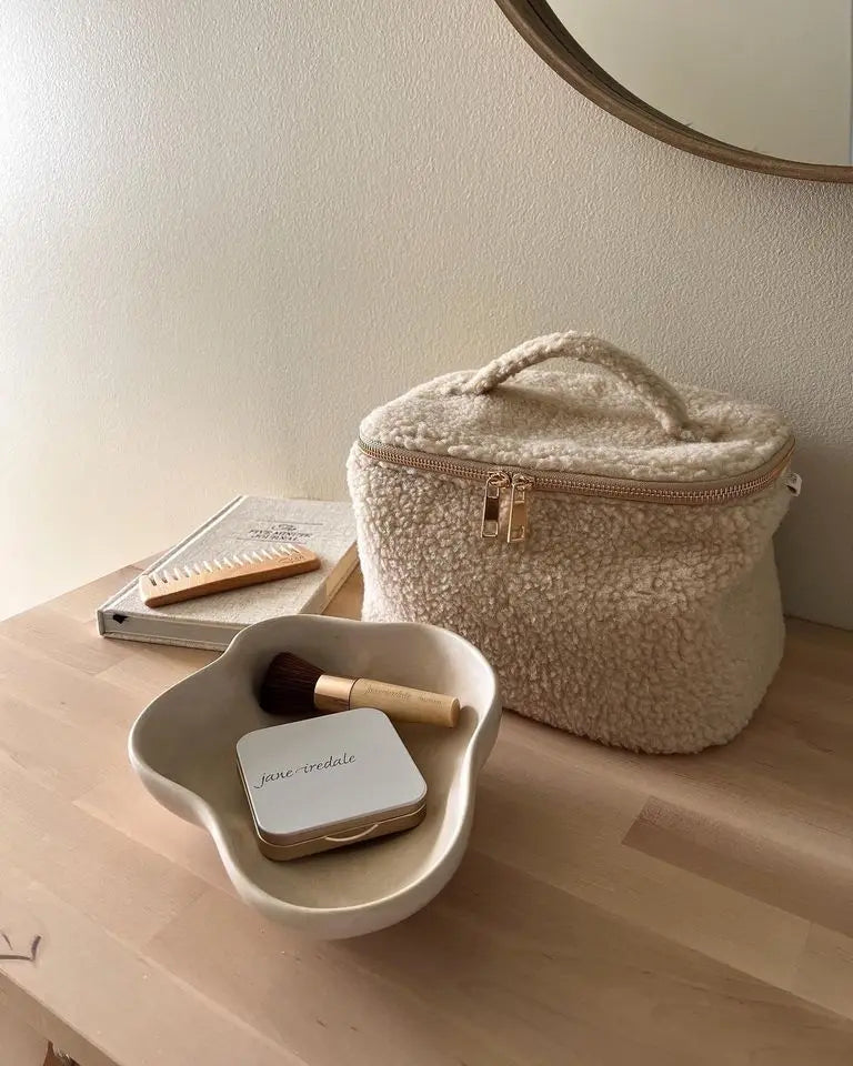 Large Capacity Custom Logo Beige Teddy Pouch Set Cosmetic Bag for Woman With Handle