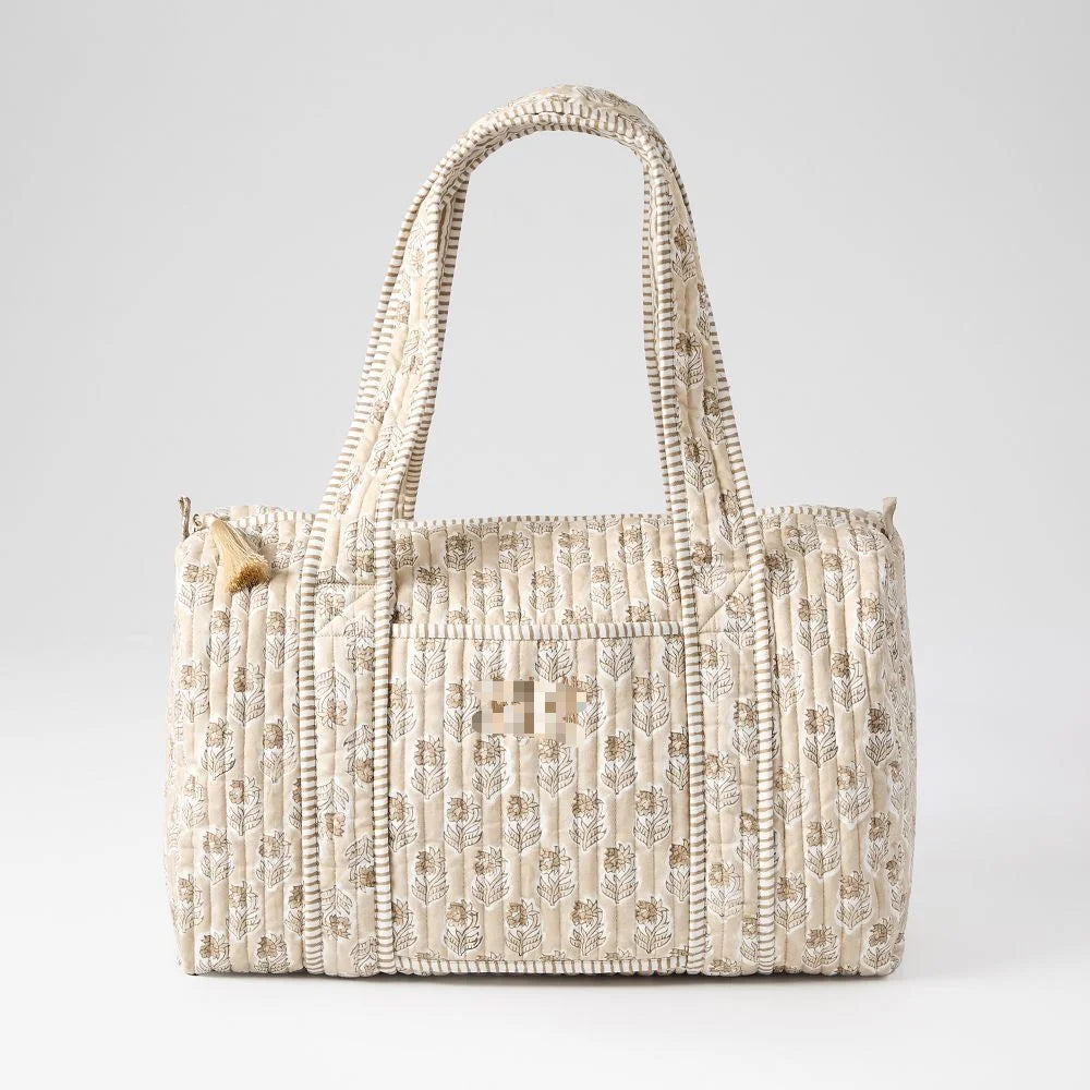 Large Capacity Weekend Tote Bag Quilted Block-Print Duffle Bag Cotton Soft Yoga Bag