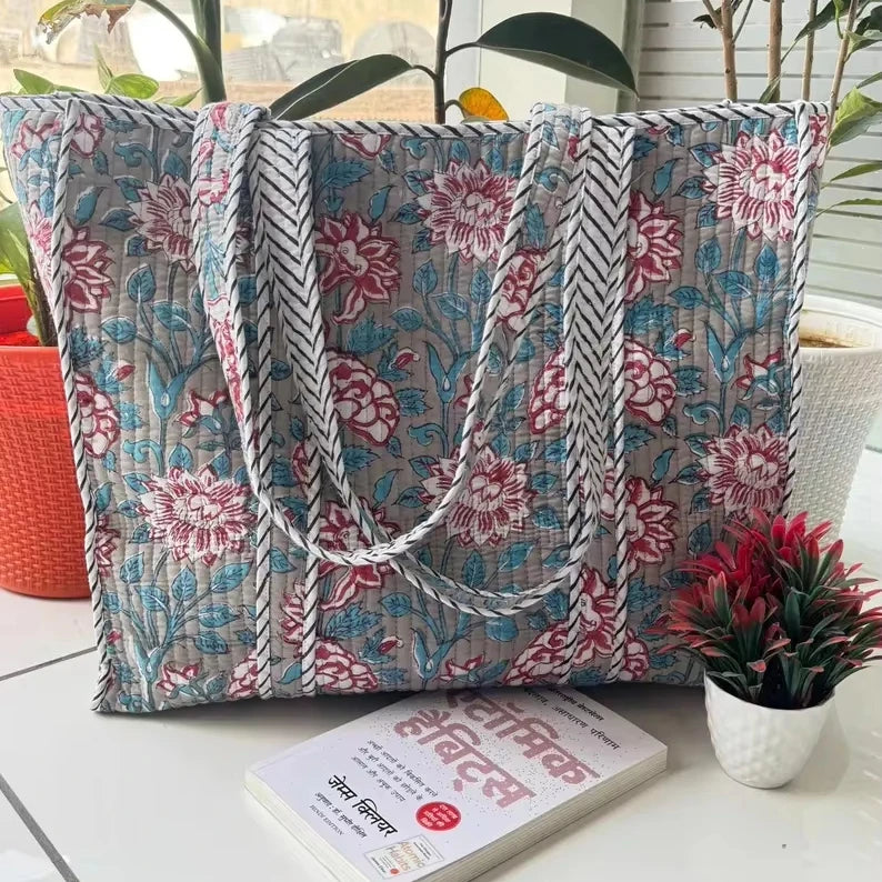 Large Cotton Handmade Soft Floral Quilted Beach Tote Bag