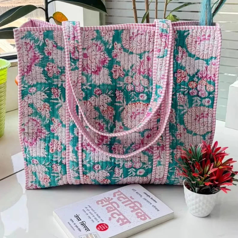 Large Cotton Handmade Soft Floral Quilted Beach Tote Bag