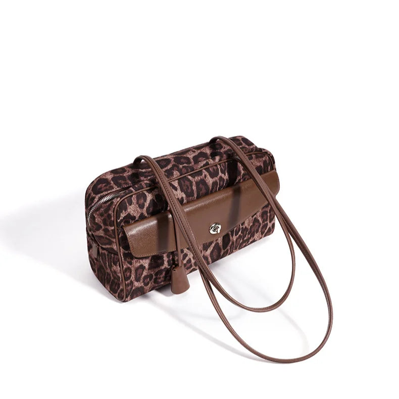 Leopard Print Women's Bags 2026 New Canvas with Cowhide Ladies Shoulder Bags Underarm Bags Leisure Fashion Lady Bags