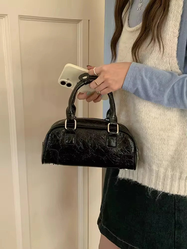 Lightweight PU Tote Bowling Bag Embroidered Shoulder Handbag Crossbody Zipper Closure Casual Ladies Purse