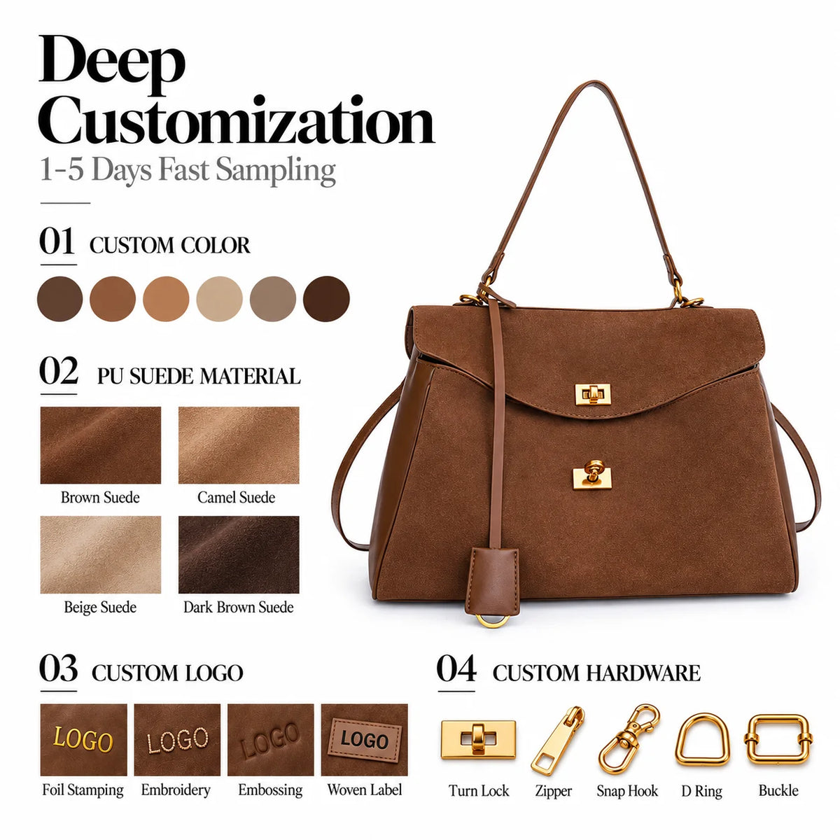 Manufacturer Wholesale Custom Logo Top Handle Satchel Shoulder Tote Crossbody Bag in PU Suede for Women Work Travel Everyday