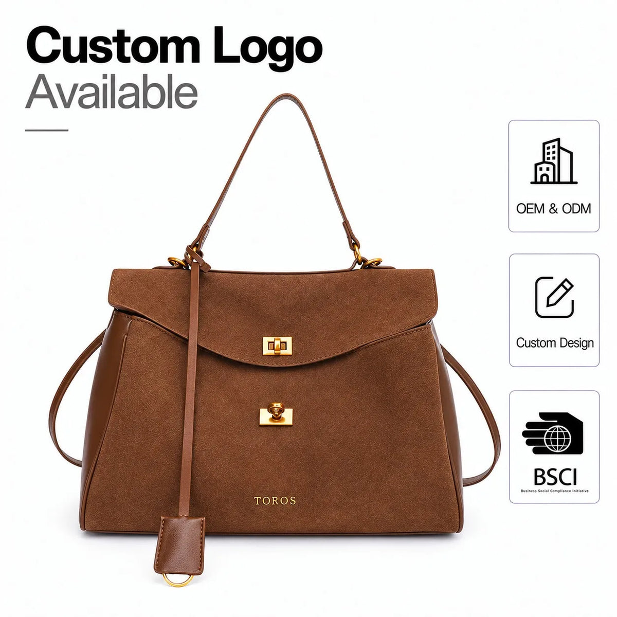 Manufacturer Wholesale Custom Logo Top Handle Satchel Shoulder Tote Crossbody Bag in PU Suede for Women Work Travel Everyday