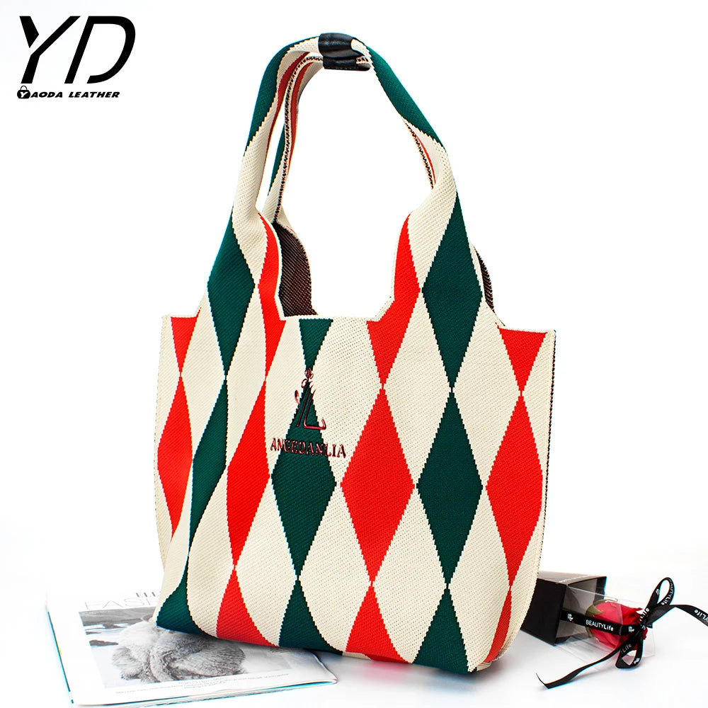 Manufacturer's Direct Sales Niche Design Contrasting Ripple Knitted Shoulder Bag Large Capacity Handbag