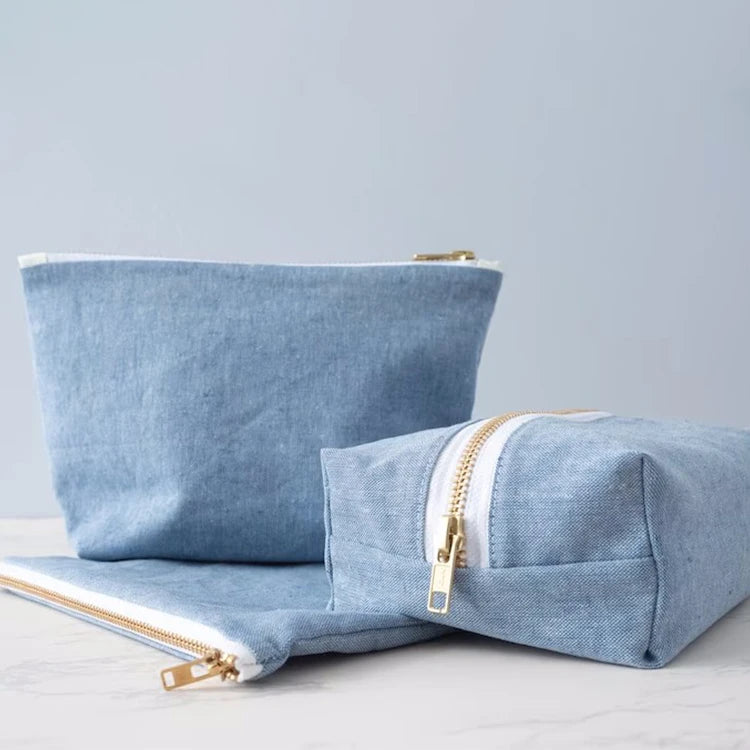 Manufacturing Promotional Small Cosmetic Bag Blue Denim Zipper Pouch for Cosmetics Light Denim Cosmetic Bag Set