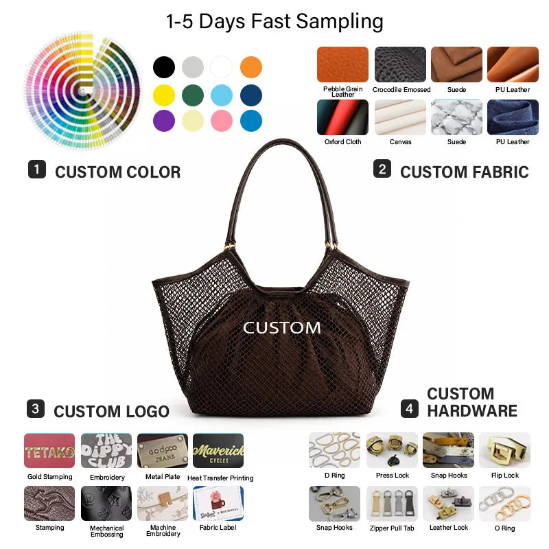 Mesh Dual-Layer Tote Bag, Grid Outer + Drawstring Inner Pouch, Gold Ring Shoulder Strap, Custom Logo Factory Supply