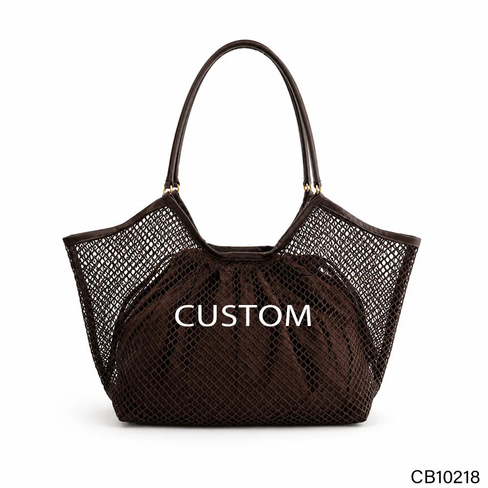 Mesh Dual-Layer Tote Bag, Grid Outer + Drawstring Inner Pouch, Gold Ring Shoulder Strap, Custom Logo Factory Supply