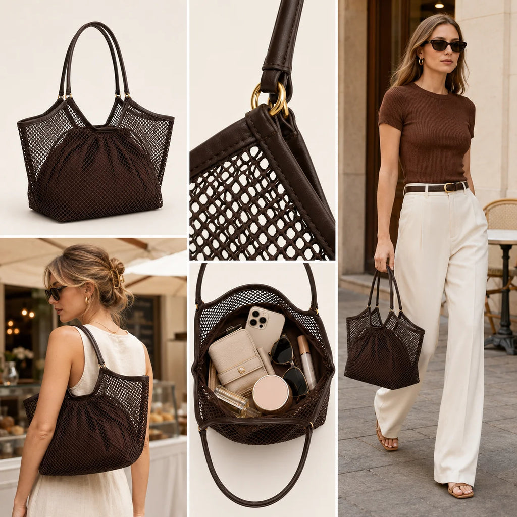 Mesh Dual-Layer Tote Bag, Grid Outer + Drawstring Inner Pouch, Gold Ring Shoulder Strap, Custom Logo Factory Supply
