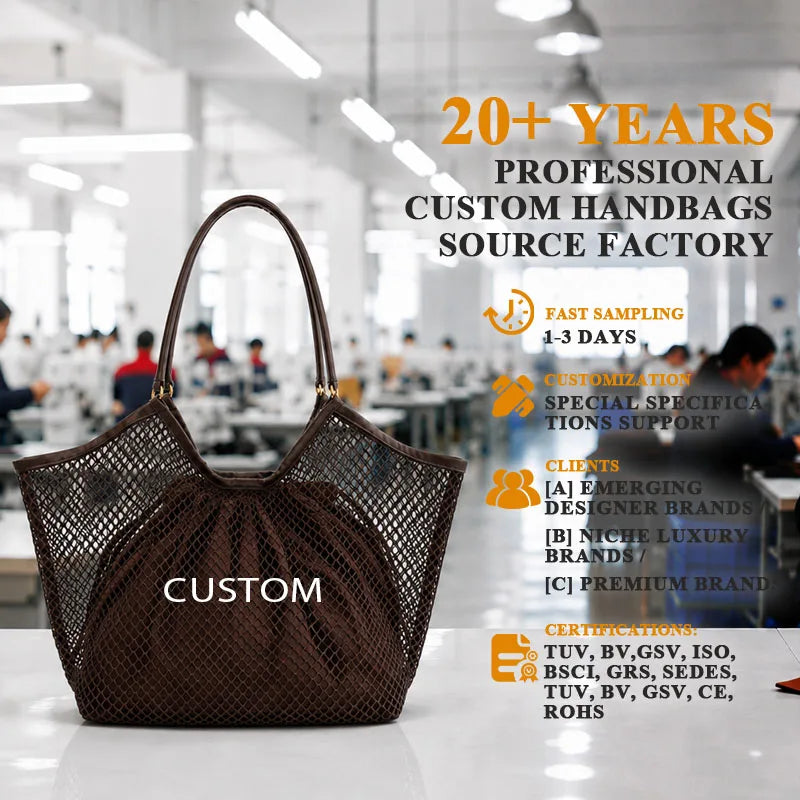 Mesh Dual-Layer Tote Bag, Grid Outer + Drawstring Inner Pouch, Gold Ring Shoulder Strap, Custom Logo Factory Supply