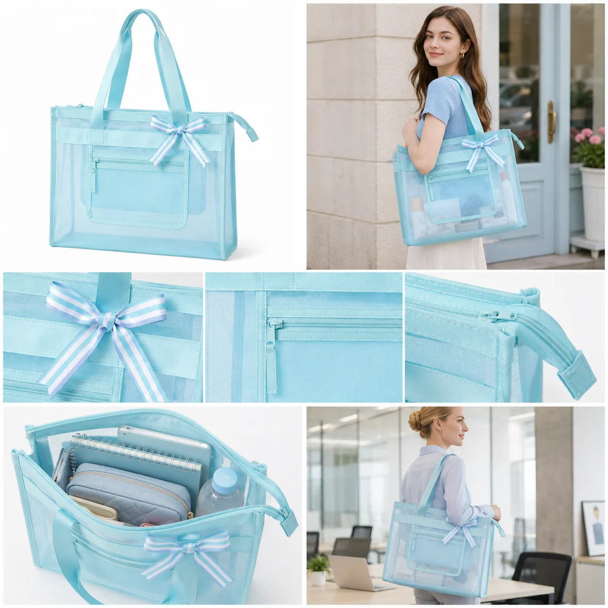 Mesh Hollow Tote Bag, Transparent Beach Shopping Bag, Multi-Fabric Options, Custom Color/Logo/Hardware, OEM/ODM Fast Sampling