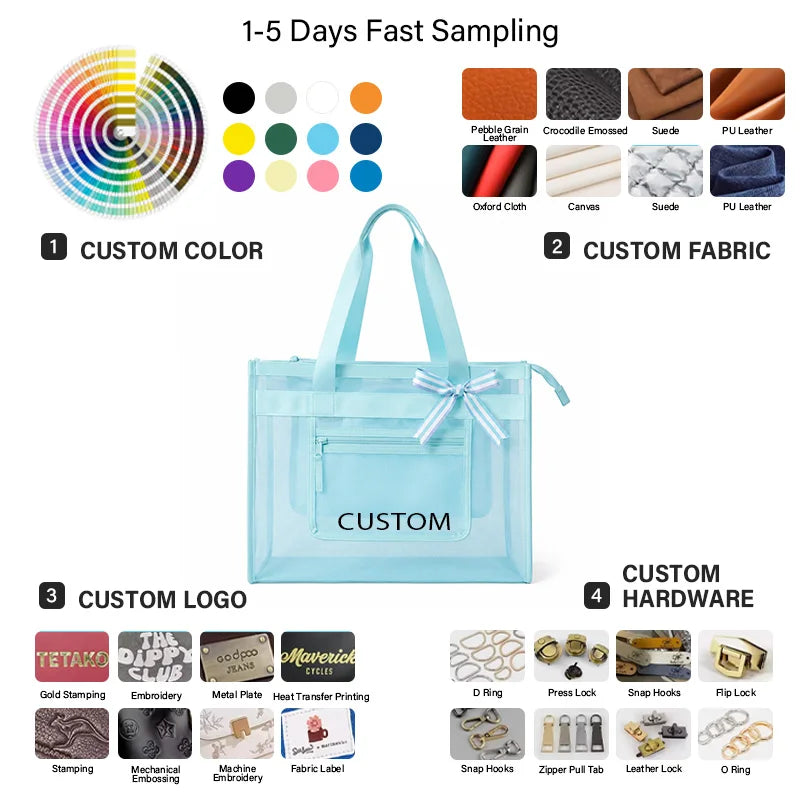 Mesh Hollow Tote Bag, Transparent Beach Shopping Bag, Multi-Fabric Options, Custom Color/Logo/Hardware, OEM/ODM Fast Sampling