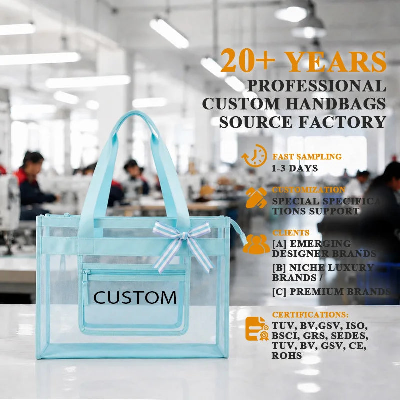 Mesh Hollow Tote Bag, Transparent Beach Shopping Bag, Multi-Fabric Options, Custom Color/Logo/Hardware, OEM/ODM Fast Sampling