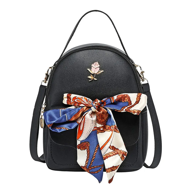 NEW Fashion Small Teenage Girls Book Bag Female Phone Pouch Scarf Rose Mini Woman Backpack Shoulder Bag Pu Leather Backpack