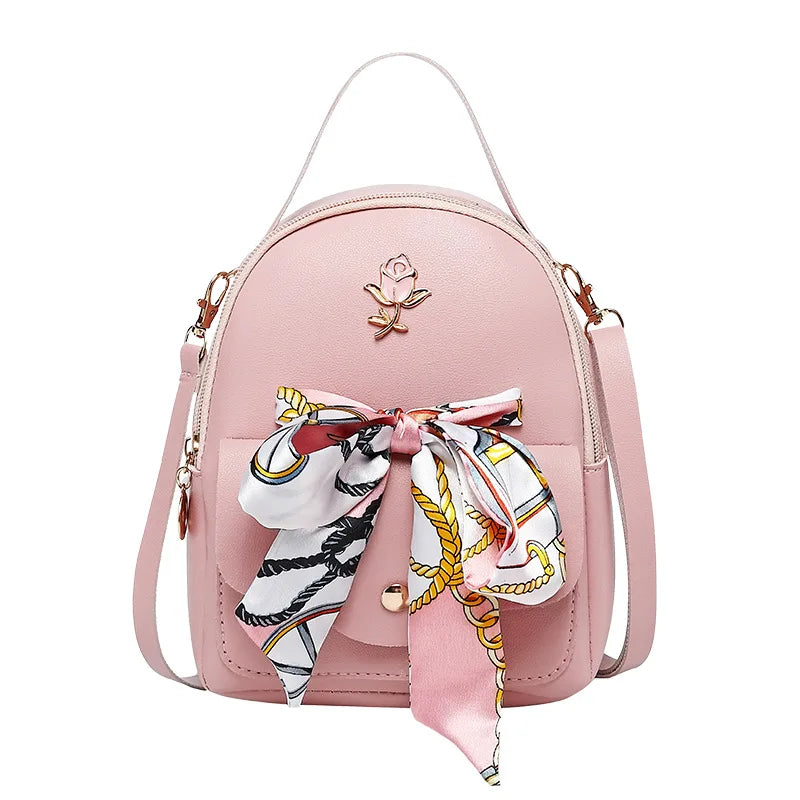 NEW Fashion Small Teenage Girls Book Bag Female Phone Pouch Scarf Rose Mini Woman Backpack Shoulder Bag Pu Leather Backpack