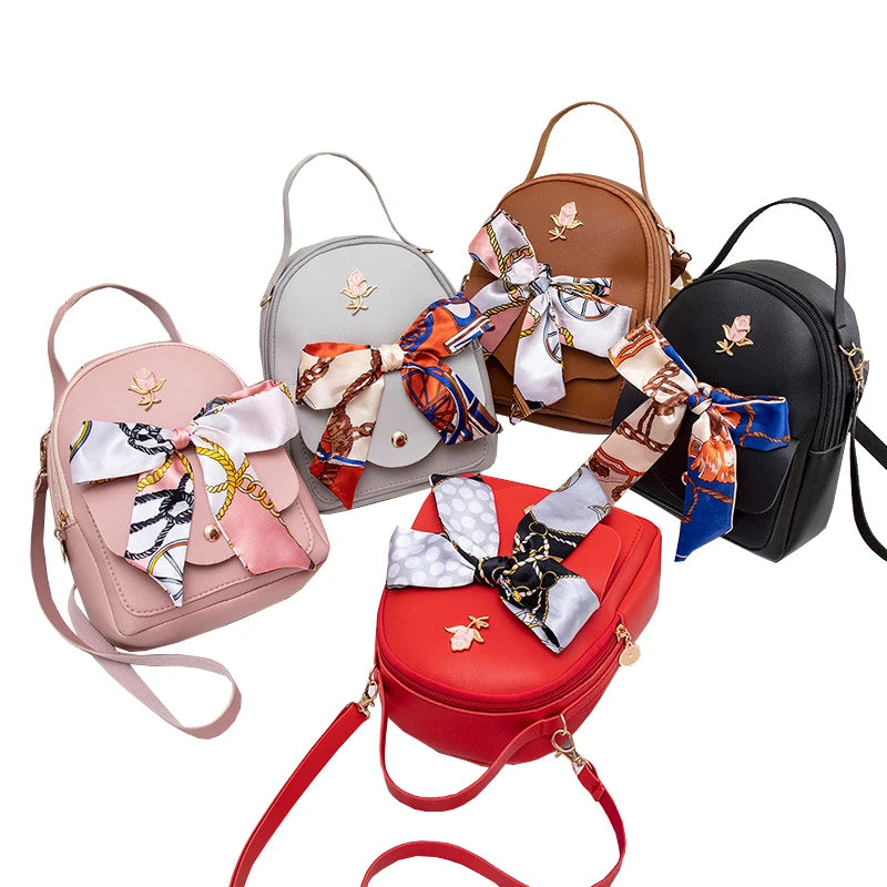 NEW Fashion Small Teenage Girls Book Bag Female Phone Pouch Scarf Rose Mini Woman Backpack Shoulder Bag Pu Leather Backpack