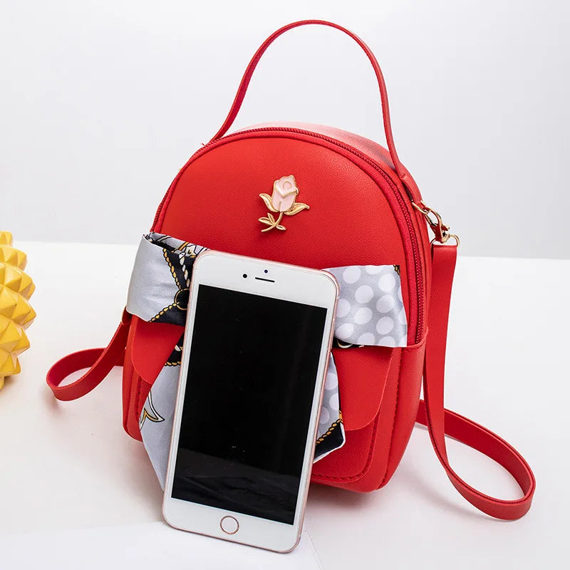 NEW Fashion Small Teenage Girls Book Bag Female Phone Pouch Scarf Rose Mini Woman Backpack Shoulder Bag Pu Leather Backpack