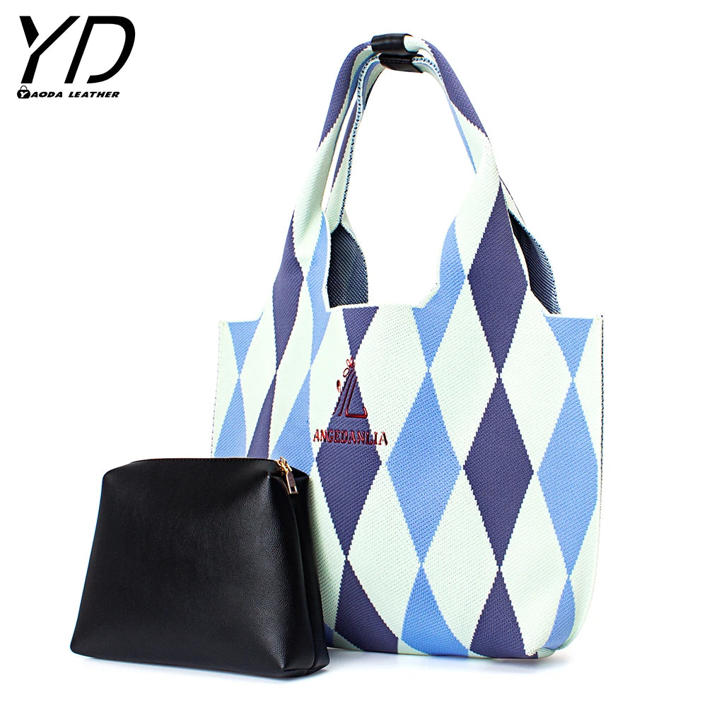 New Arrival Knitted Fabric Shoulder Bag Women Handbag Eco Wool Crochet Ladies Geometric Tote Hand Bags