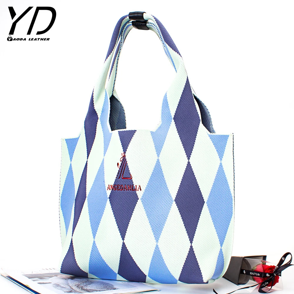 New Arrival Knitted Fabric Shoulder Bag Women Handbag Eco Wool Crochet Ladies Geometric Tote Hand Bags