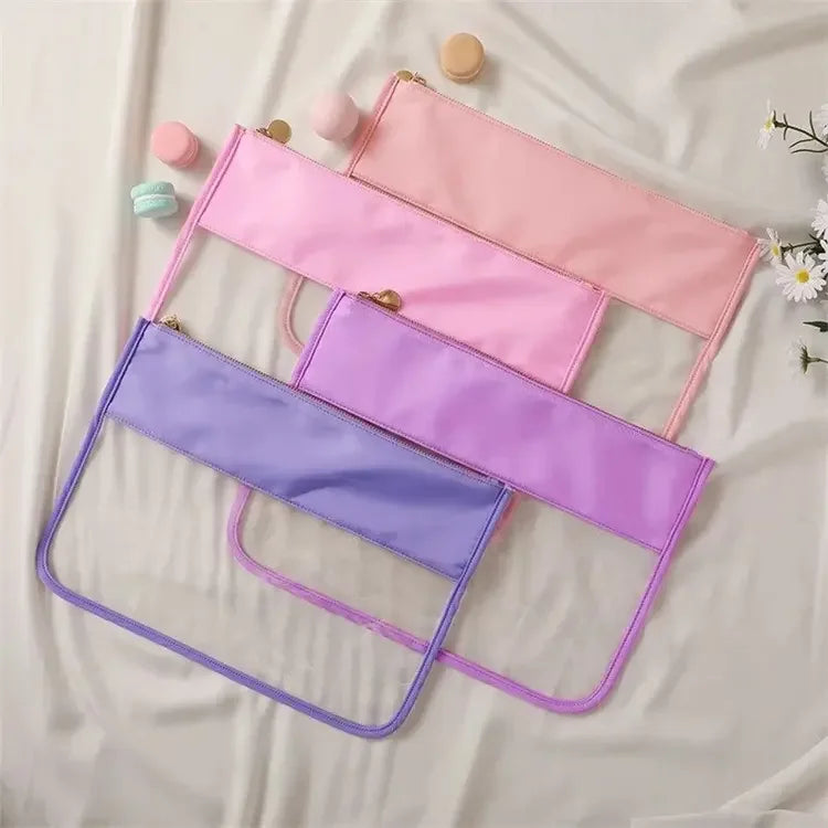 New Design Waterproof Nylon Fabric Letter Patch Cosmetic Bag PVC Clear Flat Alphabets Makeup Bag