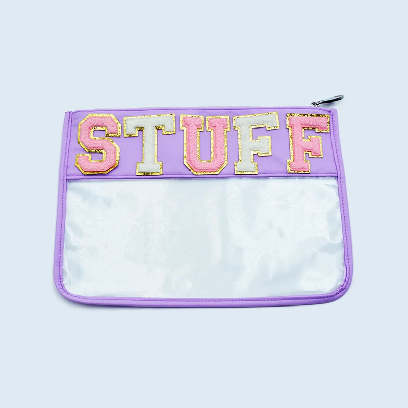 New Design Waterproof Nylon Fabric Letter Patch Cosmetic Bag PVC Clear Flat Alphabets Makeup Bag