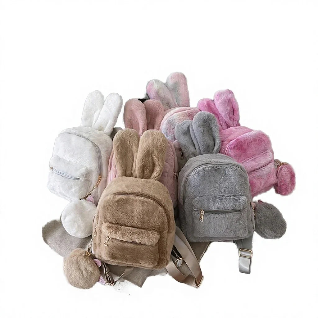 New Fashion Candy Plush Waterproof Zipper Women Backpack Cute Soft Rabbit Coin Purse Polyester 15" Laptop Compatible Lightweight