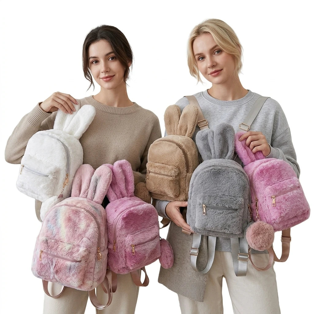 New Fashion Candy Plush Waterproof Zipper Women Backpack Cute Soft Rabbit Coin Purse Polyester 15" Laptop Compatible Lightweight