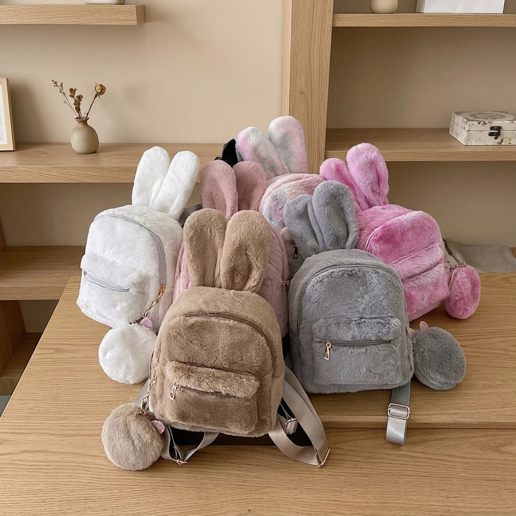 New Fashion Candy Plush Waterproof Zipper Women Backpack Cute Soft Rabbit Coin Purse Polyester 15" Laptop Compatible Lightweight
