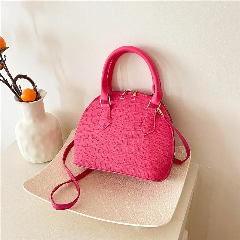 New Fashion Simple Solid Color Shell Bag with Zipper Closure and Polyester Lining Small Round Handbag All-Match