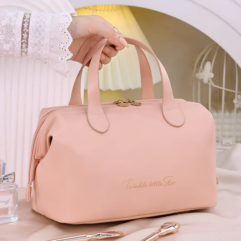 New French Style Storage Bag Handbag Fashion PU Zipper Double Top Handles Cosmetics Travel High Color Value Large Capacity Wash
