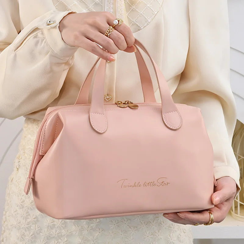 New French Style Storage Bag Handbag Fashion PU Zipper Double Top Handles Cosmetics Travel High Color Value Large Capacity Wash