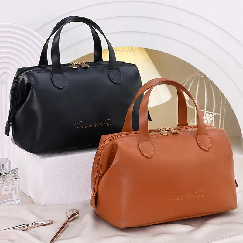 New French Style Storage Bag Handbag Fashion PU Zipper Double Top Handles Cosmetics Travel High Color Value Large Capacity Wash