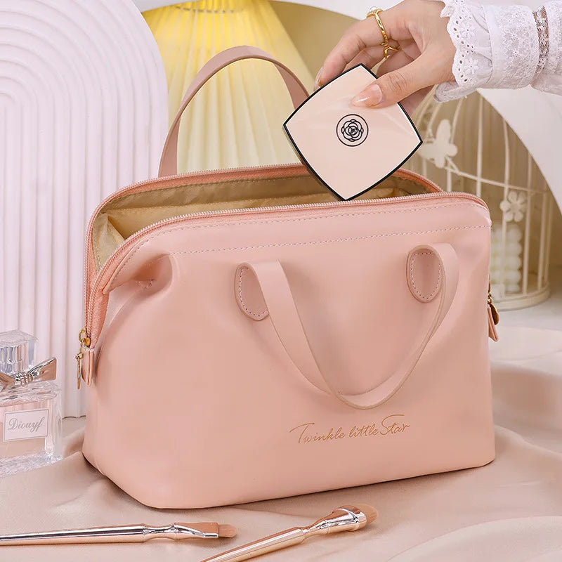 New French Style Storage Bag Handbag Fashion PU Zipper Double Top Handles Cosmetics Travel High Color Value Large Capacity Wash