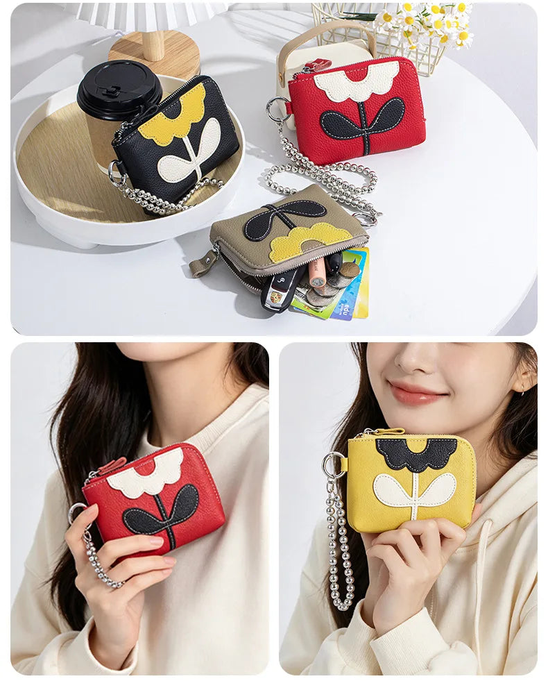 New Genuine Leather Coin Purse Wrist Bag Small Storage Bag Wholesale or Custom Soft Cowhide Flower Pattern Lady Wallets