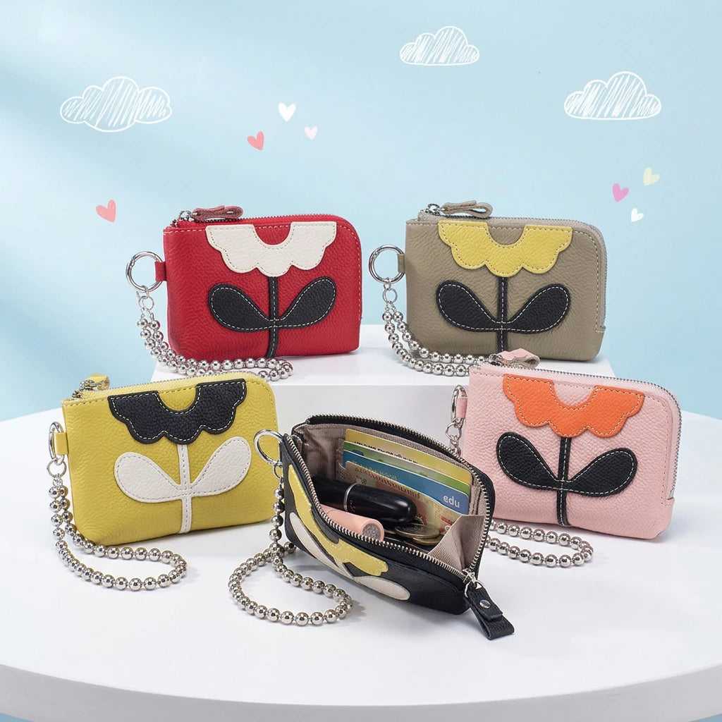 New Genuine Leather Coin Purse Wrist Bag Small Storage Bag Wholesale or Custom Soft Cowhide Flower Pattern Lady Wallets