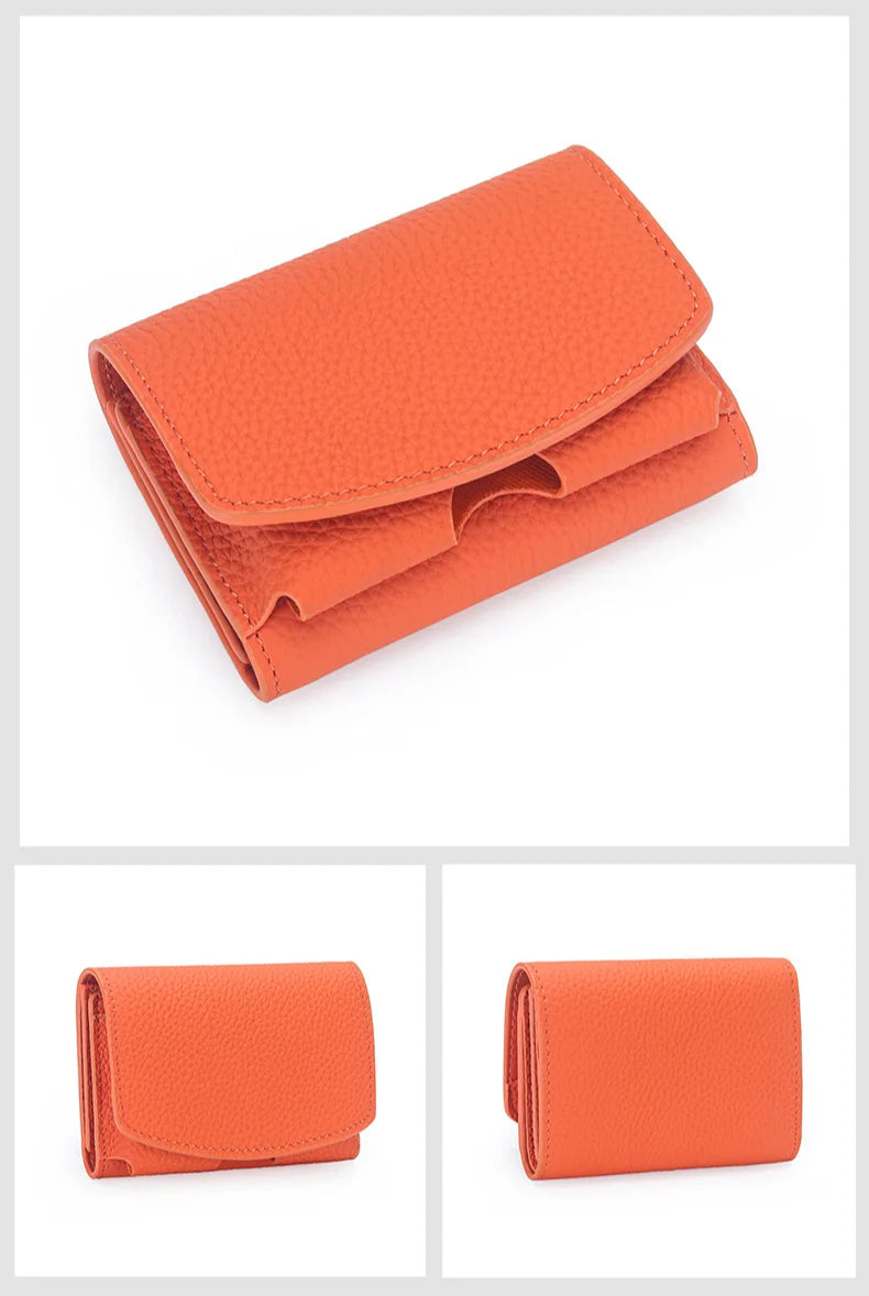 New Genuine Leather Purse Card Bags Simple Fashion Lychee Print Cowhide Fold Short Card Case Ladys Wallets