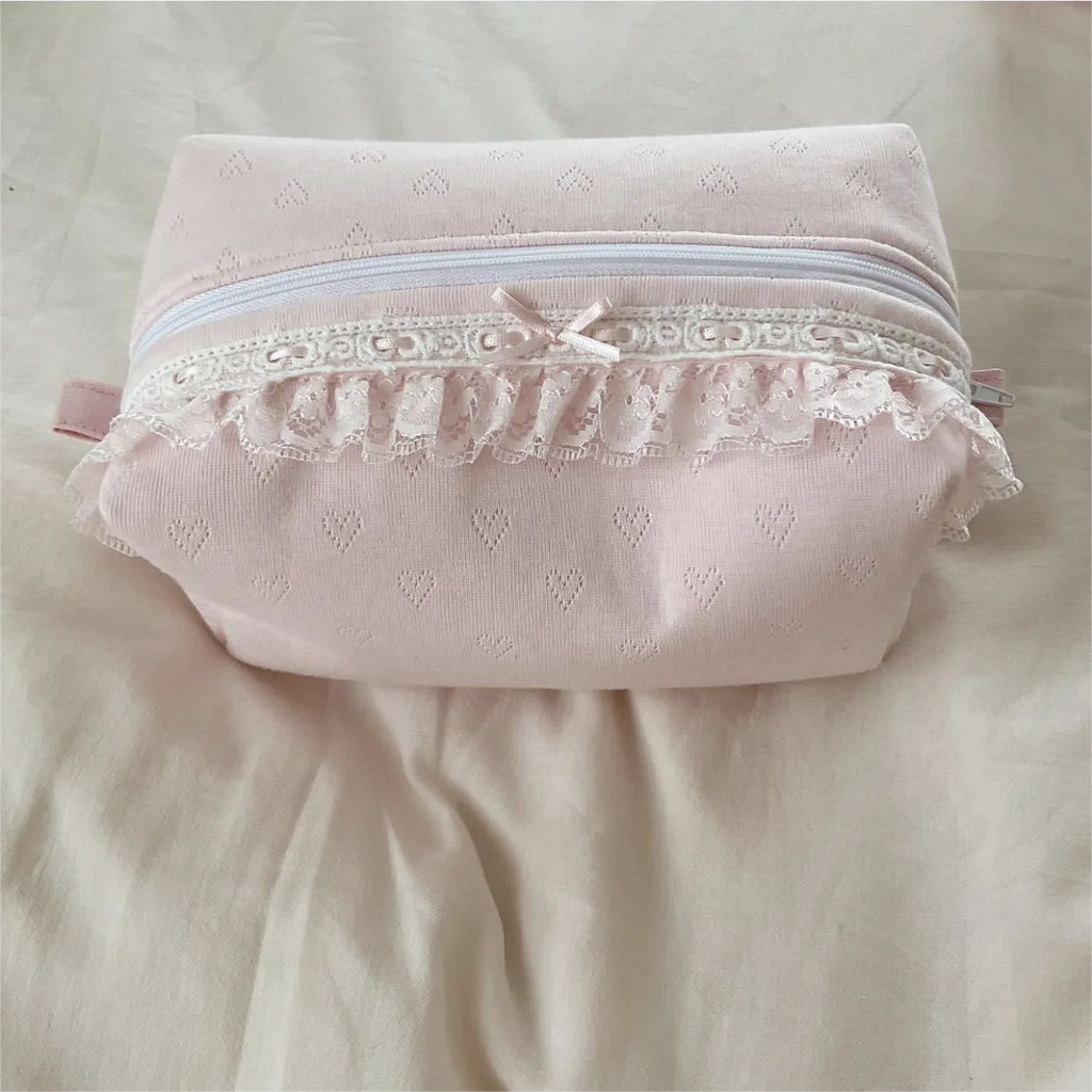New Pointelle Cosmetic Bag Pink England Embroidered Toiletry Bags Frilly Lace Trim Makeup Pouch