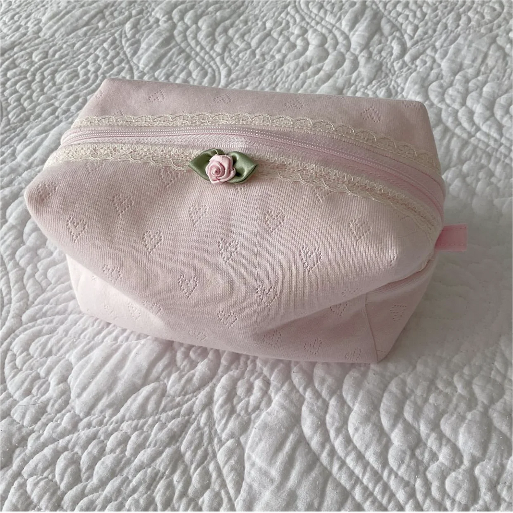 New Pointelle Cosmetic Bag Pink England Embroidered Toiletry Bags Frilly Lace Trim Makeup Pouch