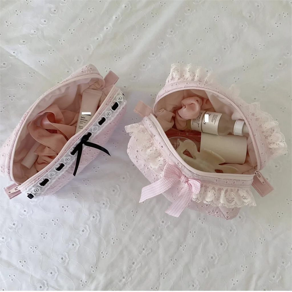 New Pointelle Cosmetic Bag Pink England Embroidered Toiletry Bags Frilly Lace Trim Makeup Pouch