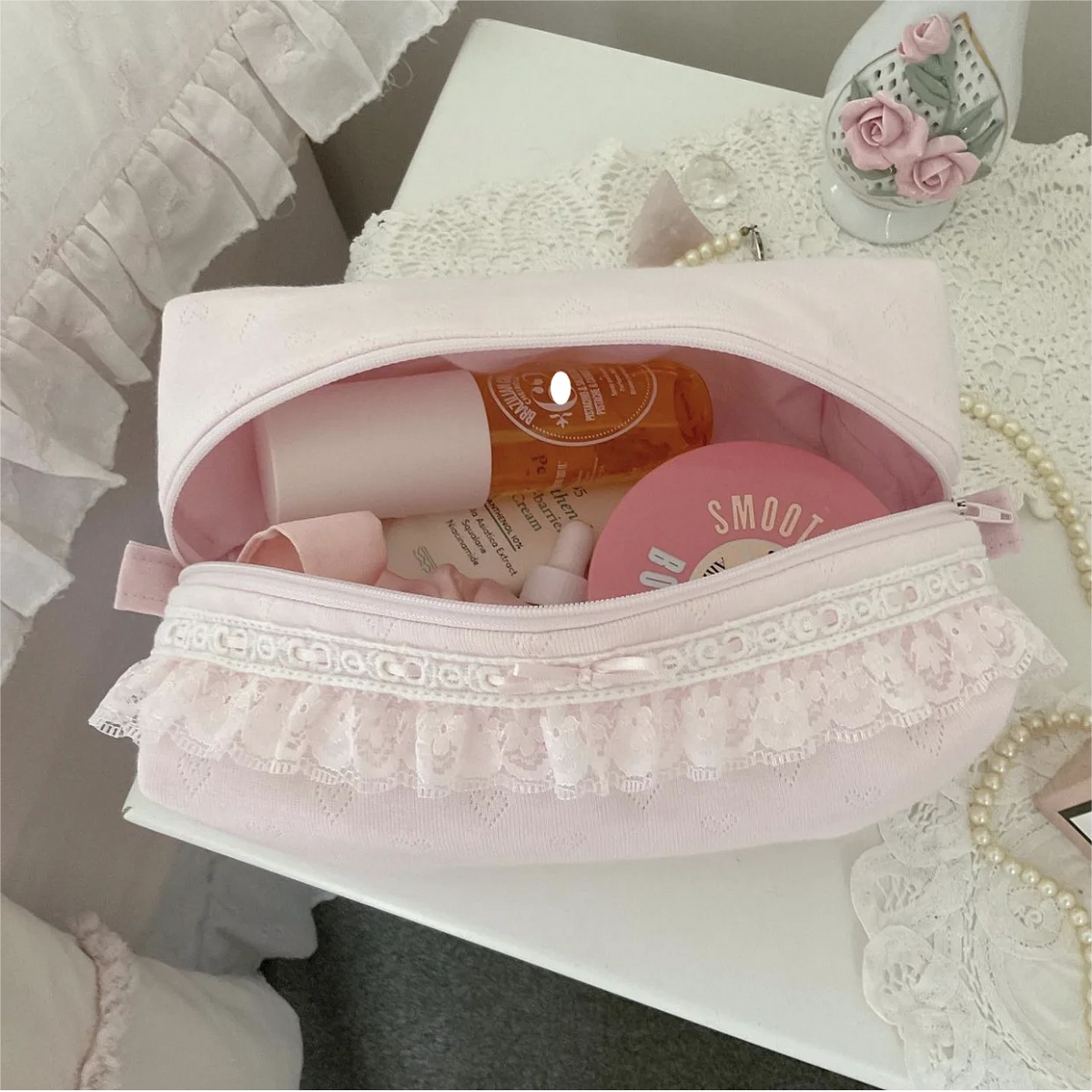 New Pointelle Cosmetic Bag Pink England Embroidered Toiletry Bags Frilly Lace Trim Makeup Pouch
