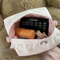 New Pointelle Cosmetic Bag Pink England Embroidered Toiletry Bags Frilly Lace Trim Makeup Pouch