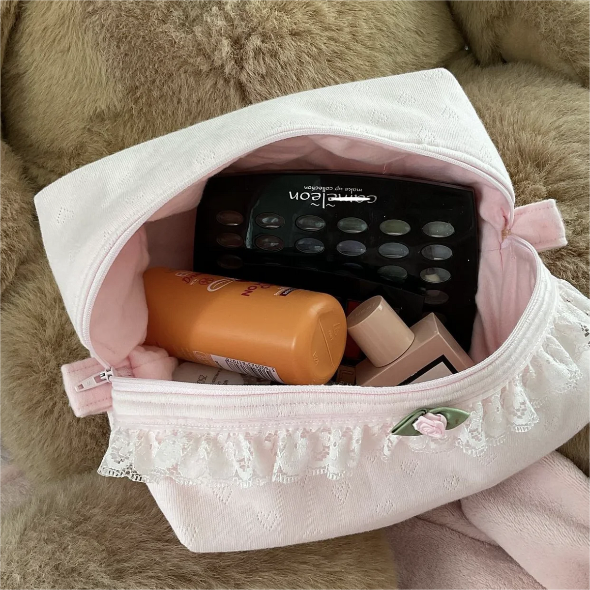 New Pointelle Cosmetic Bag Pink England Embroidered Toiletry Bags Frilly Lace Trim Makeup Pouch