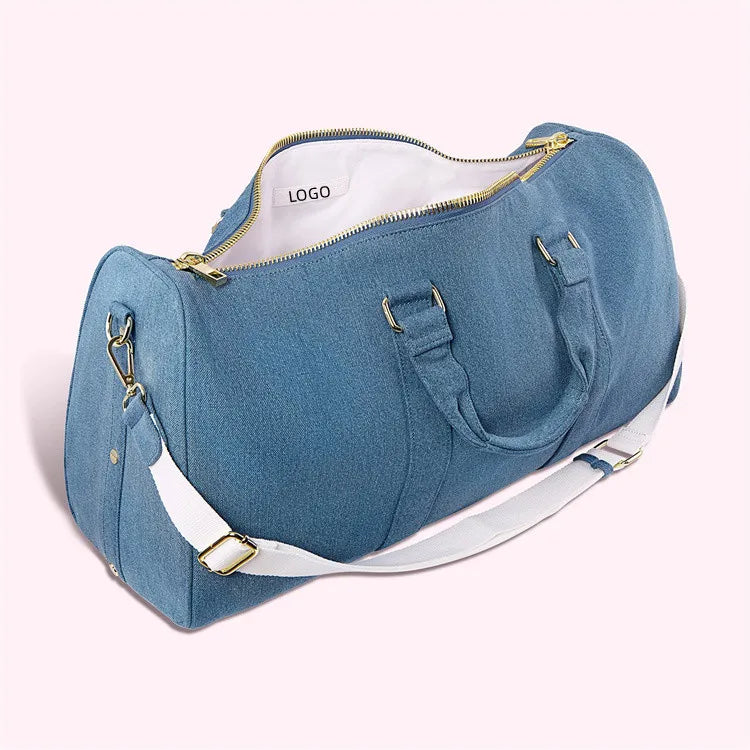 New Retro Denim Duffel Bag Oversized Jeans Travel Bag with Letter