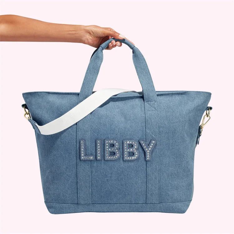 New Retro Denim Duffel Bag Oversized Jeans Travel Bag with Letter